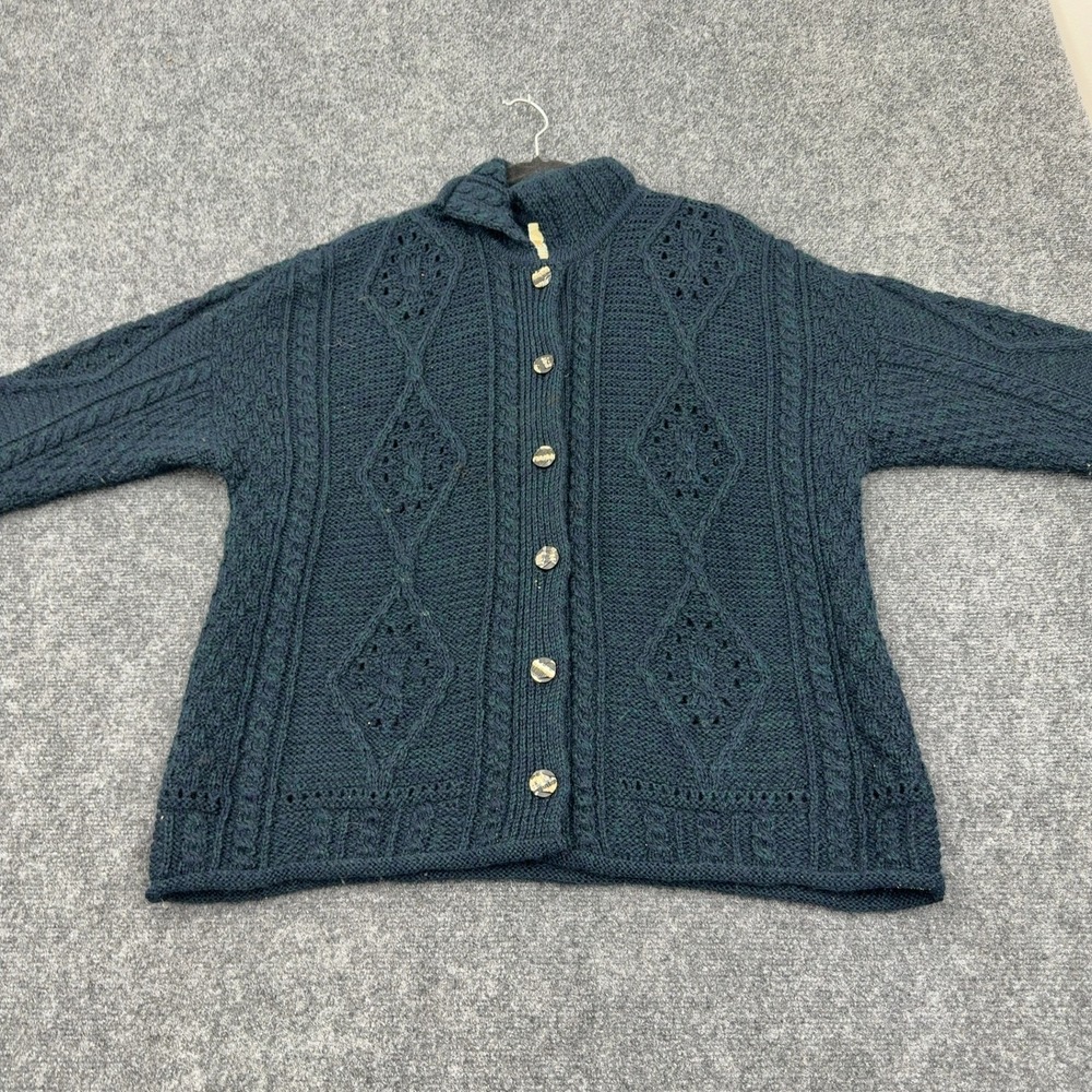 Vintage Carraig Donn Cardigan Womens M Teal Wool Cable Knit Aran Ireland Boho